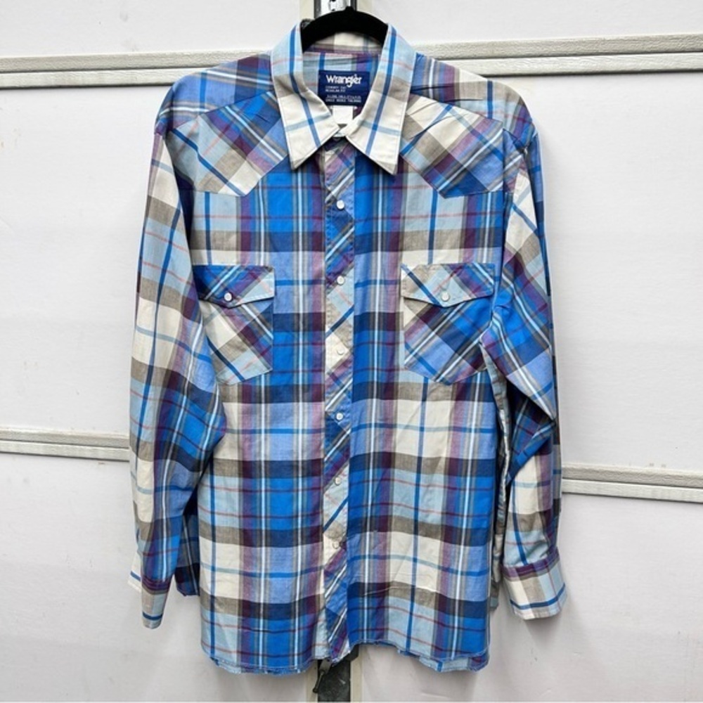 Vintage Wrangler Plaid Button Down Shirt Pearl Snap Western Size XL